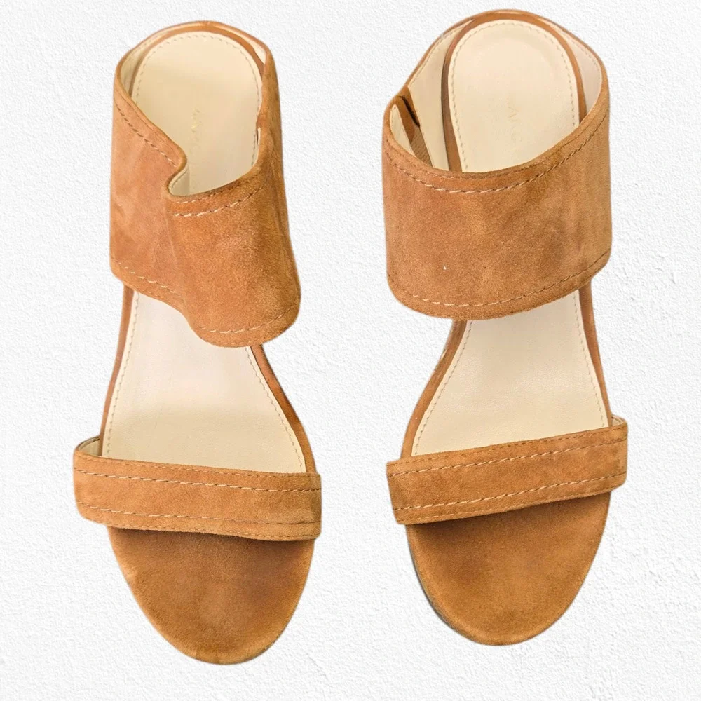 Marc Fisher Shelbee Tan Tawny Suede Slip On Cork Wedge Platform Sandals Size 7.5